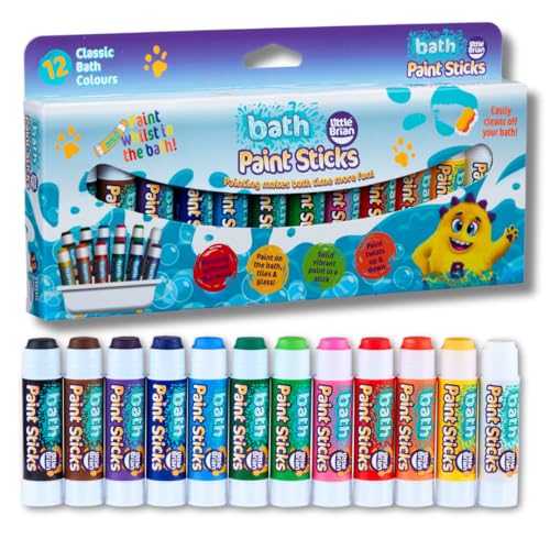 Little Brian Bath Paint Sticks For Kids - 12 Pack Assorted Colours - Bath Crayons Mess-Free Easy Clean Up Fast Drying Action Vibrant Colours Multi-Surface Twist & Paint