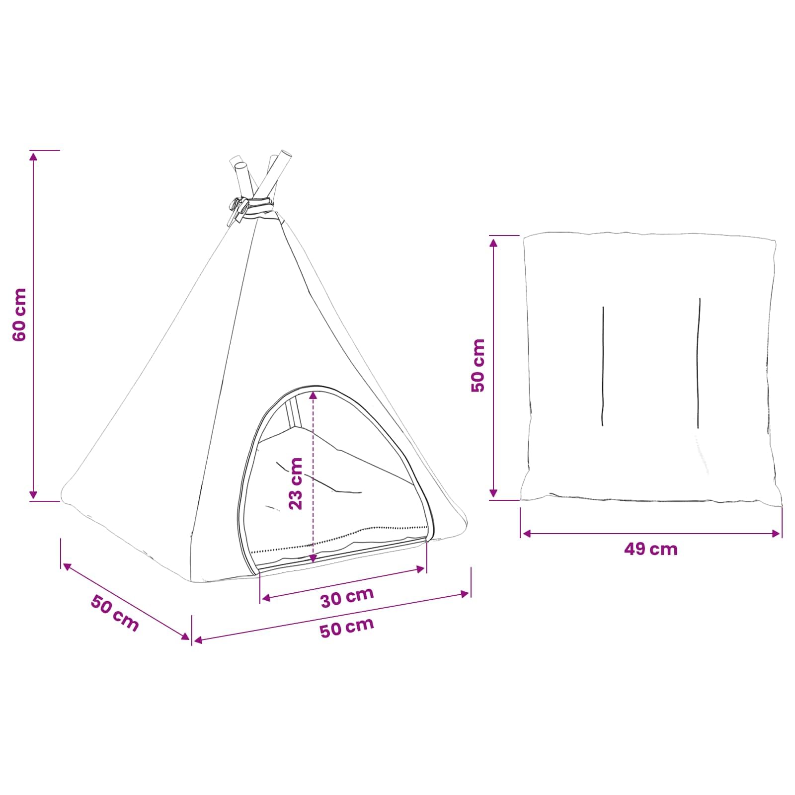 Tipi para mascotas con cojín blanco y gris, 50 x 50 x 60 cm, cueva para gatos, cesta para gatos, cojín para gatos, cama acogedora con estaca de madera de pino para gatos y perros pequeños