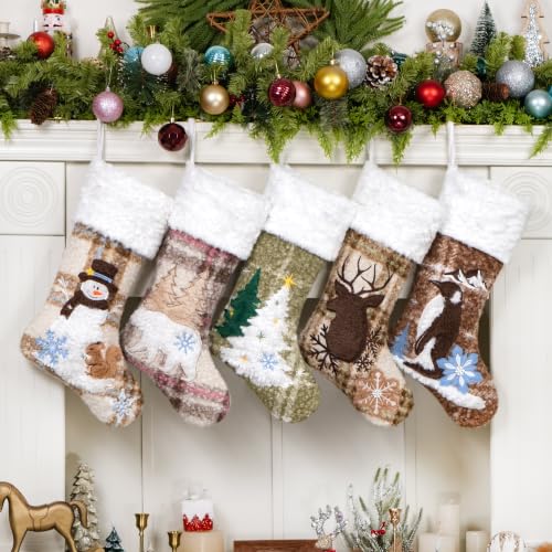 BHD BEAUTY Rustic Farmhouse Christmas Stockings with Plush Fur Cuff, Thick Boucle Embroidered Holiday Decor Stockings 5 Pack