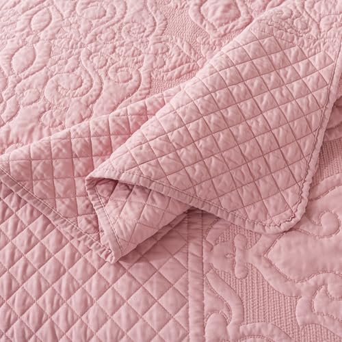 NEWLAKE Quilt Bedspread Set, Pink Jacquard Embossed Floral Pattern Reversible Embroidered Microfiber Coverlet Sets, King Size