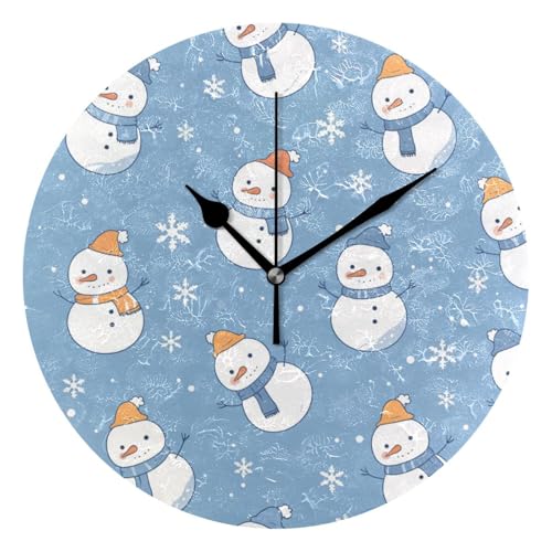 EtherSpher Reloj de pared redondo de invierno con muñeco de nieve azul de 25,4 cm con segunda mano para colgar en casa, oficina, baño, reloj de pared para sala