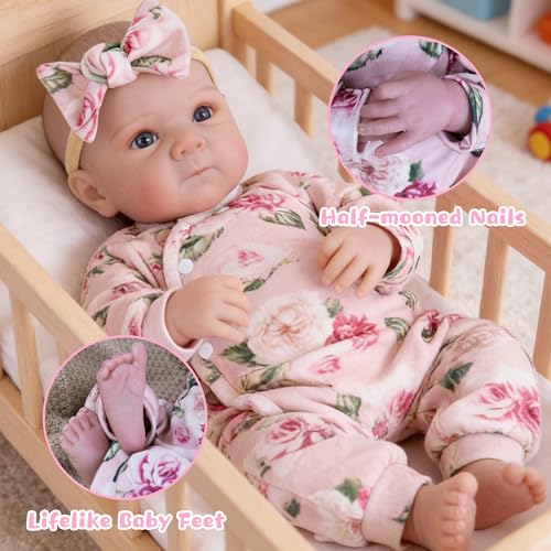 Image of EKOKIZ 20 Inch Realistic Reborn Baby Doll Girl Lifelike Baby Dolls, Soft Cloth Body & Silicone Limbs Newborn Doll with Floral Outfit & Accessories, Gift Box for Kids 3+ & Collectors