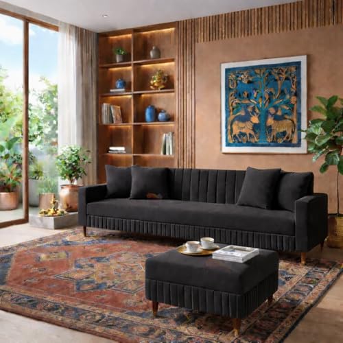 Image of SRMS Solid Wood 4 Seater L Shape Velvet Fabric Sofa Set with Four Cushions | Perfect for Home Office Guests Living Room | Sofa Set for living Room | 74 x 32 x 30 inches | Black