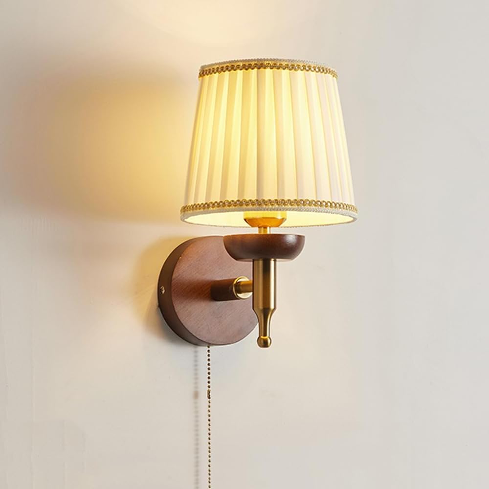 HYJAUSXB Wooden Wall Sconce Lighting with Beige Fabric Lampshade, Vintage Wood Light Fixture E27 Socket, Classic Antique Lamps for Indoor Bedroom Living Room Hallway Corridor (Tradition) (Tradition