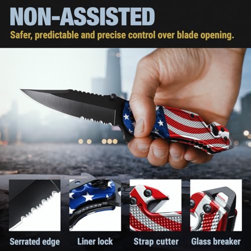 Image of GOOD WORKER Legal Pocket Knife with 2.95 inch Serrated Blade, Glass Breaker, Seat Belt Cutter - EDC Sharp Folding Knives with Portable Clip - Small Tool for Tactical Camping Survival Hiking - Gifts for Men, Women