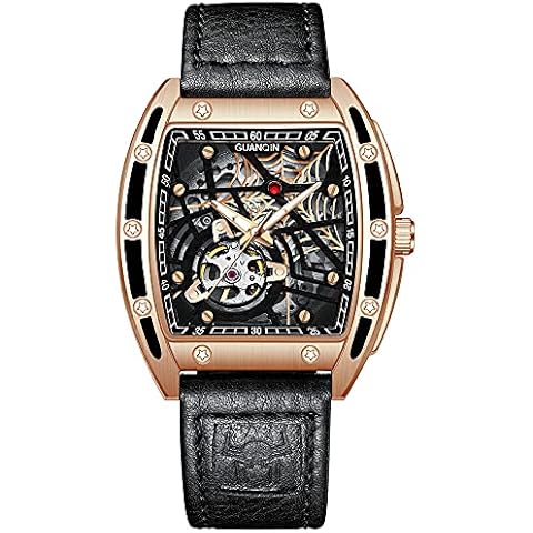 GUANQIN Men Japan Automatic Mechanical Movement Luminous Leather Strap Tonneau Design Stainless Steel Wrist Watch Skeleton Tourbillon Sapphire Crystal Waterproof Self-windig Clock (Rose Black) Cover