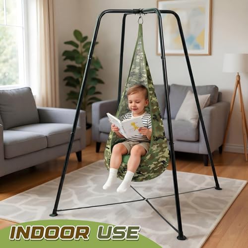 Lingvee Sensory Swing Stand Frame with Pod Chair and Swing Set Kid Heavy Duty Metal Swings Stand Autism Hammock Chair Stands Tree Saucer Round for Adult Indoor Outdoor Backyard Park(Camo) — view 3