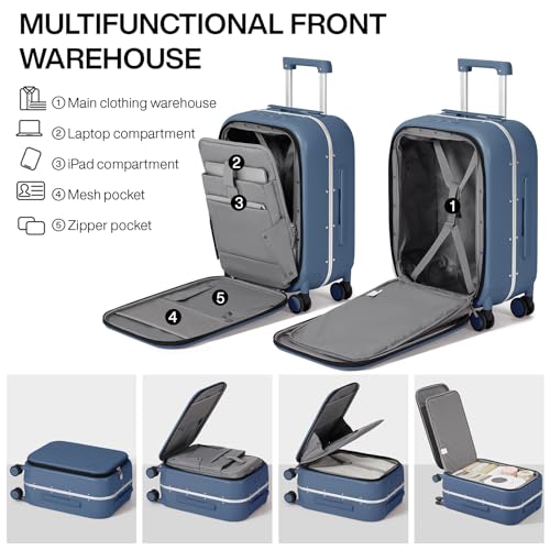 Image of mixi Luggage Suitcase with Spinner Wheels, Travel Luggage Aluminum Frame PC Hardside with TSA Lock & Cover, Sapphire Blue, 20-inch, Minimalist