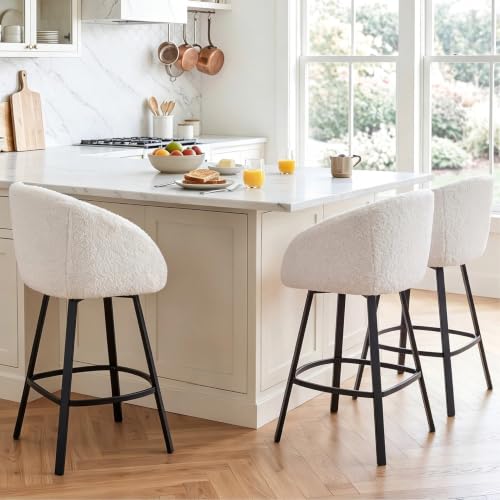 Image of Zesthouse Swivel Counter Stools Set of 3, Modern Barrel Counter Height Barstools for Kitchen Island, 26'' White Bar Stools with Arms & Back, Upholstered Sherpa Fabirc Island Chairs with Metal Legs