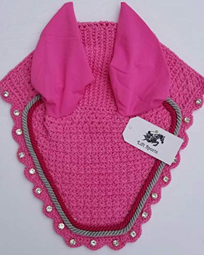 Horse Fly Bonnet with Ears Net Mask Veil with Crystals Blings Hand Made Breathable Cotton Crochet Shows Protect from Bugs and Flies (Cob, Pink)