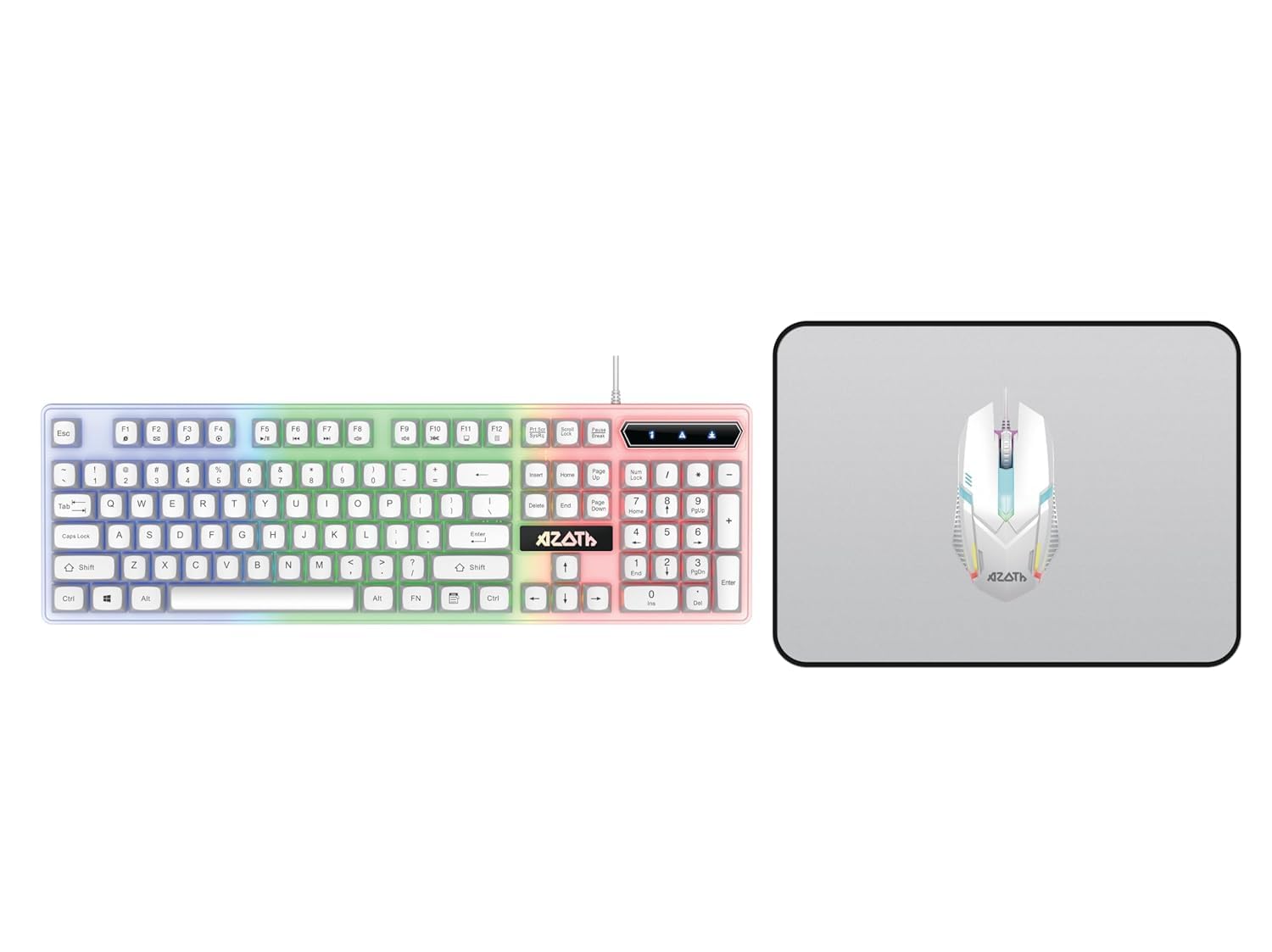 AZOTH Lumen White Gaming Keyboard and Mouse Combo, 104-Key USB Wired Membrane Keyboard with Rainbow Light, 3-Button 1200 DPI Mouse, Mousepad Included, Anti-Ghosting, for PC Laptop Desktop Setup