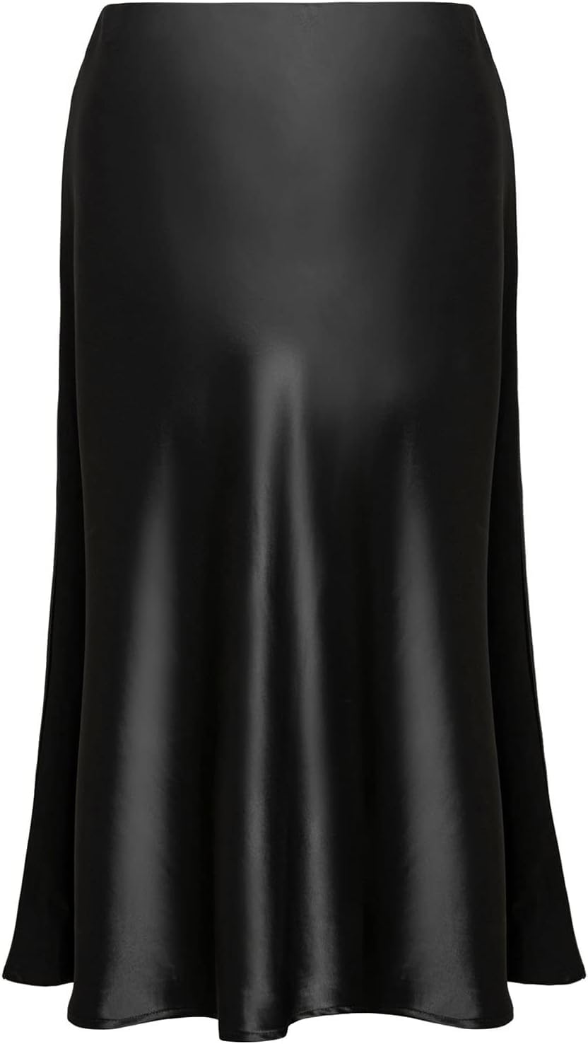 Basoteeuo Midi Skirts for Women High Waist Satin Summer Casual Sexy Midi Length Elastic Skirt