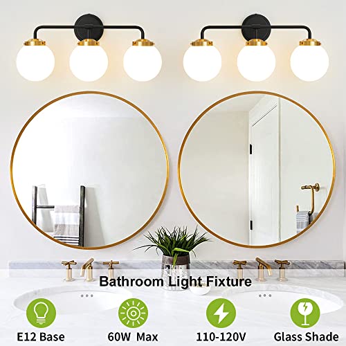 Image of Bathroom Light Fixtures 22.4in 3-Light Black Gold Vanity Lights for Mirror | Bathroom Lighting Fixtures over Mirror, ETL, Brushed Brass Wall Sconce, Dimmable E12 Base Max 60W, Milky Glass Ball Shades