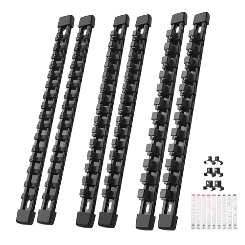 Image of Reniteco 6-Pack Socket Organizer Set, 1 /4 inch x 32 3 /8 inch x 30 1 /2 inch x 24 Clips | 86 Clip Capacity, Havy-Duty ABS Socket Rails, Removable Clips, Drive Socket Storage, Toolbox Drawer or Wall Mount