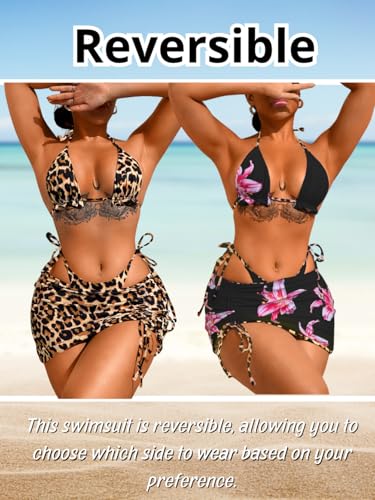 Image of ShawGobow Womens 3 Piece Leopard Bikini Set,Triangle String High Cut Thong Sexy Swimsuit & Coverup Skirt,Pool Party Outfit