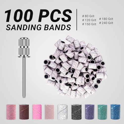 Image of MelodySusie 100 Pcs Nail Drill Bits Sanding Bands for Nail Drill 150 Medium Grit Nail File Sanding Bands for Acrylic Nails Gel Manicures and Pedicure