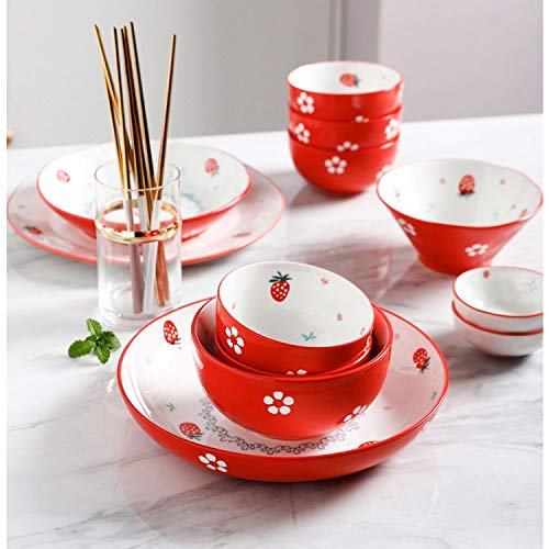 Dinner Plate Set Red Strawberry Pattern Ceramic Steak Food Plate Dish Rice Fruit Salad Noodles Bowl Porcelain Tableware Dinner Plates Dishes Set #TOP2