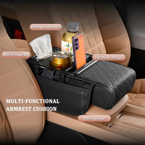 Image of 5-in-1 Car Center Console Cover,Multifunctional Arm Rest Cover for Car with Cup Holder,Phone Holder,Pocket,Car Tissue Holder,Leather Height Enhancement Car Armrest Cushion for Most Cars (Black)