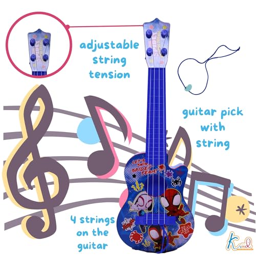 Image of Spiderman 4-String Small Toy Guitar for Kids (3+ Years) - Adjustable String Tension, Fingerstyle Tab & Pick | Educational Musical Instrument | Gift for Boys| Portable & Safe Design, Blue