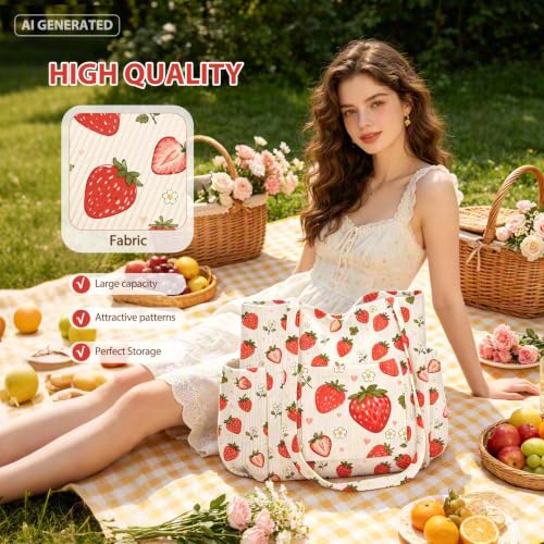 Watercolor Strawberry Corduroy Tote Bag for Women, Cute Shoulder Bag - image 4