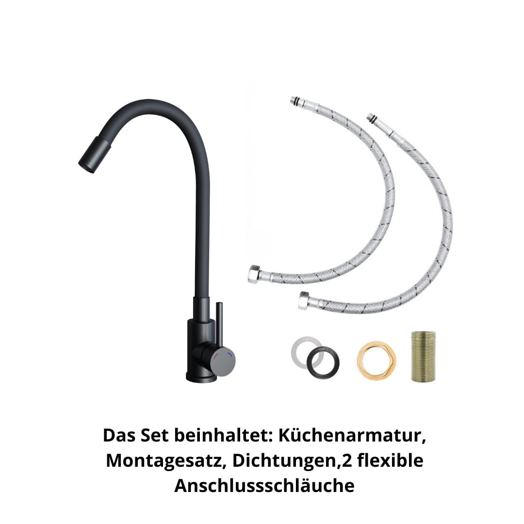 GRANMASTER Gracia Granitspülbecken Komplett-Set, Flexiblen Wasserhahn, Siphon, Seifenspender und Rollmata – 1-komoriger Spülbecken, kratzfest, hitzebeständig, modernes Design für die Küche