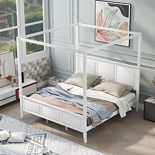 MERITLINE White Canopy Bed King Size Wood 4 Posters Platform Bed Frame with Headboard, Footboard and Slat Support Leg, for Kids Teens Adults(King, White)