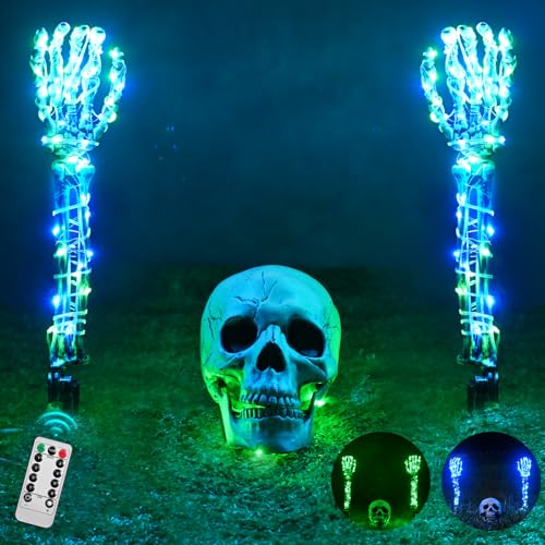 Sinranac Halloween Lighted Skeleton Set, Skull Arm Stakes with 1 Remote Green Lights (36 LEDs, 8 Light Modes & Timing Function), 2 Blue Lights (3 Modes), Decoration for Outdoor Yard Garden Graveyard
