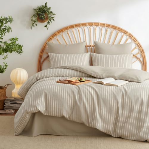 Image of Nayoroom Brown Striped Duvet Cover Queen Reversible Taupe Bedding Set