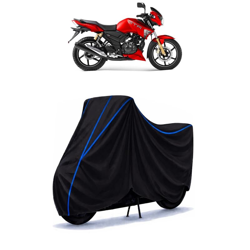 Image of TVS Apache 180 Bike Cover Water Resistant Universal Motorcycle Rain | Heavy Duty UV Protection, Dust, Scratch Indoor Outdoor All Weather with Black Blue Piping Elastic