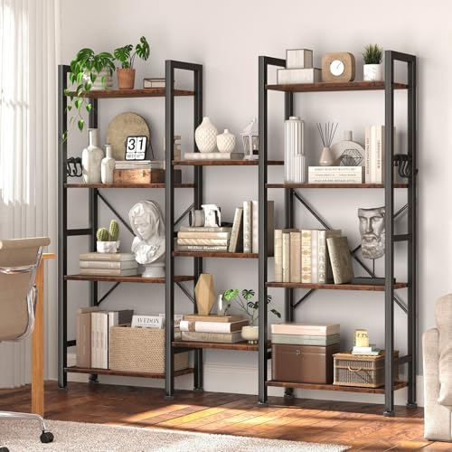 Image of Furologee Triple 4 Tier Bookshelf, Bookcase with 11 Open Display Shelves, Large Book Shelf with 6 Hooks, Rustic Bookshelves Storage Organizer, Decorative Shelving Unit for Living Room, Home Office