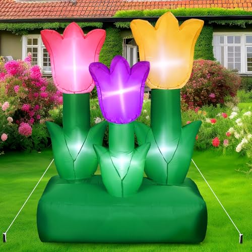 Syhood 6 ft Spring Tulip Inflatable Outdoor Decoration Large Inflatable Flower LED Blow up Decor for Spring Summer Holiday Outdoor Yard Lawn Party Supplies