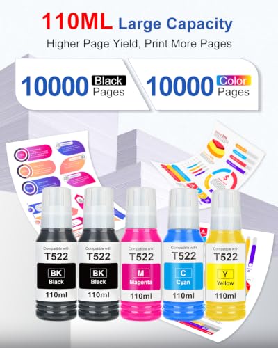 Image of EaseFusion 522 High Capacity Ink Refill Bottle (5-Bottles) Replacement for Epson 522 Ink Works with EcoTank ET-2800 ET-2803 ET-2400 ET-4800 ET-4700 Printers 550ml Total Black and Color Combo