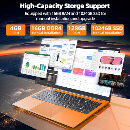 Image of 15.6 Inch Laptops, Laptop Computers with 20GB RAM 128GB EMMC+1024GB SSD, Celeron N5095 Quad-Core(Up to 2.9GHz), Portable Notebook, 11 Home, 7000mAh, WiFi 6, USB 3.2, HDMI, Type-C(Orange)