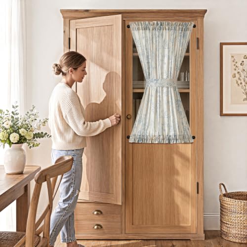 Image of jinchan Alice Floral French Door Curtain Farmhouse Linen for Sliding Glass Door 40 Inches 1 Panel with Tieback Light Filtering Curtain for Window Patio Rod Pocket Blue on Linen