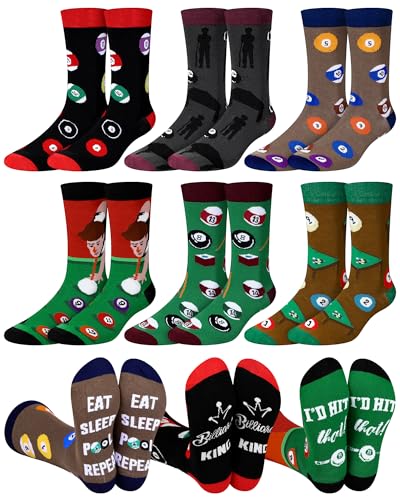 Haysandy 6 Pairs Billiards Pool Accessories Funny Saying Crew Socks for Men Novelty Gifts Cotton Breathable Athletic Hosiery for Birthday Father's Day Pool Players Billiards Lovers