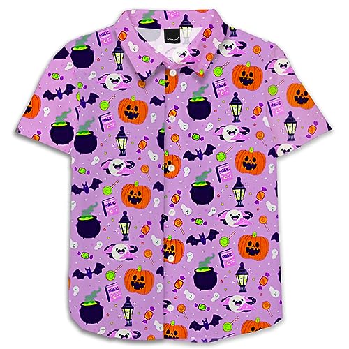 Image of Remimi Unisex Kids Halloween Shirt Boys Pumpkin Ghost Shirts Hawaii Button Up Tops 5-14 Years