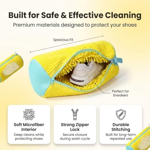 Image of Shoe Laundry Bag for Washing Machine, Reusable Zipper Plush Pouch for Sneakers, Delicates and Toys, 39cm, Yellow