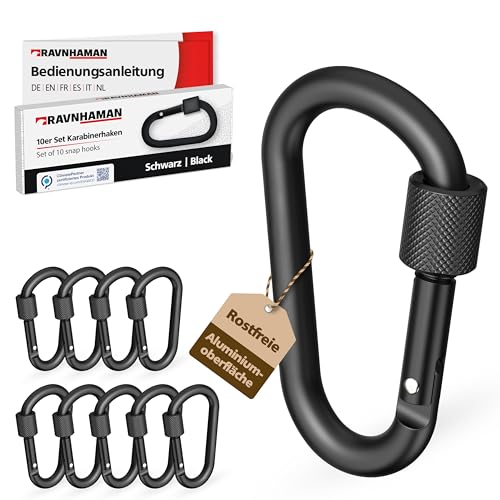 RAVN HAMAN 10 x Schraubkarabiner - Schwarz - - Karabiner mit Schraubverschluss bis 30 kg - - Karabinerhaken für drinnen und draußen - - Haken für Hängematte, Boxsack, Dekoration etc