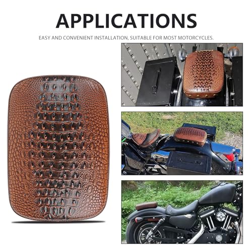 Image of DREAMIZER Motorcycle Rectangular Pillion Passenger Pad Seat Universal Crocodile Style Brown Solo Seat Leather Pillon 8 Cushion Compatible with Harley Cruiser Chopper Custom