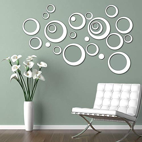 Shackcom 24pcs Cercle Sticker Mural Adhésifs Acrylique 3D Miroir Rond Muraux Autocollants DIY en Taille Différente Decoration de la Maison-Argent Cover