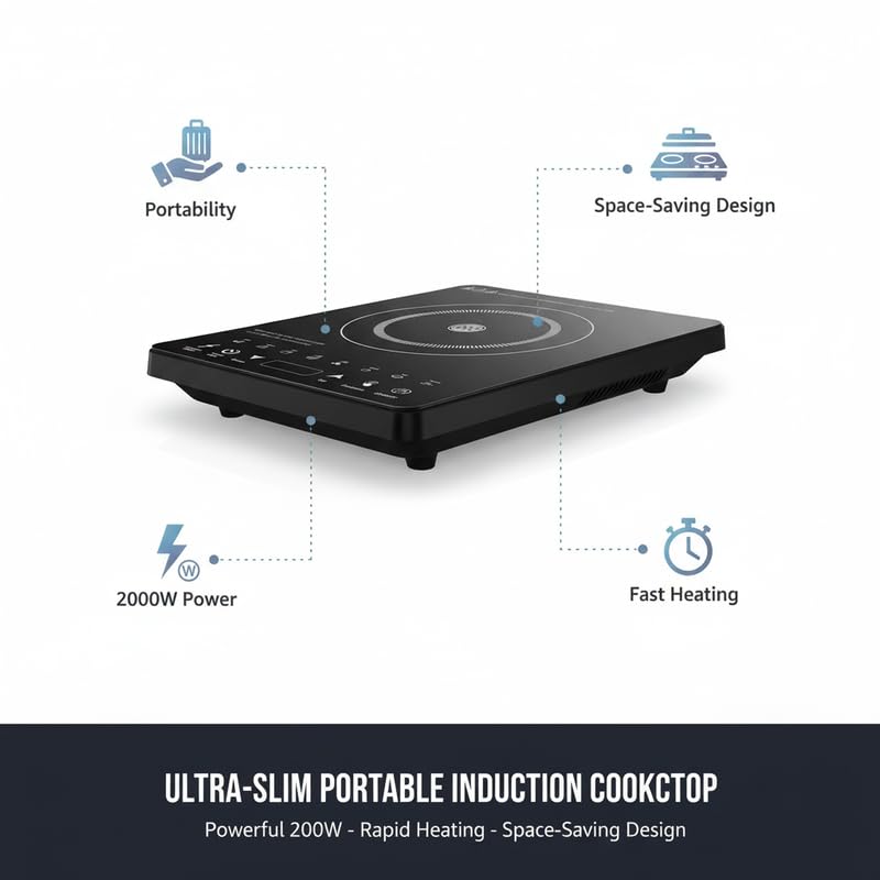 Image of Drumstone (15 Years Replacement Warranty) Energy-Efficient 2000W Portable Induction Cooktop - Touch LED Display, Preset Menus, Quick Heating Electric Stove for Home, Office & Travel