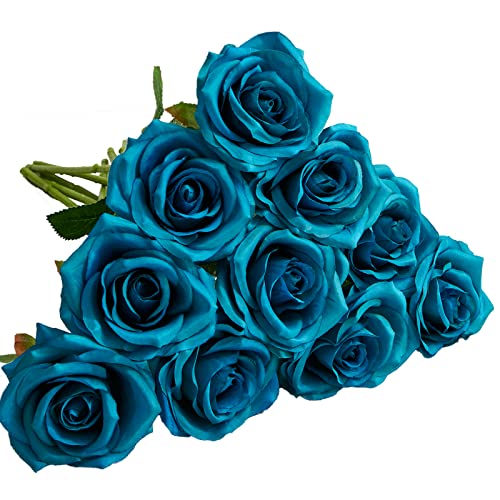 Iuknot Teal Artificial Rose 10Pcs Open Flower Bouquet Faux Rose Stems Turquoise Blue Roses For Wedding Arrangement, Bridal Bouquet, Centerpiece, Fake Faux Silk Flowers #TOP6