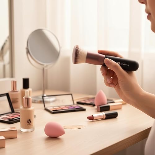 Vista 2 de KINGMAS Brocha de base superior en ángulo, brocha de maquillaje Kabuki prémium para líquidos, mezclas, crema, polvo, rubor, punteado, herramientas