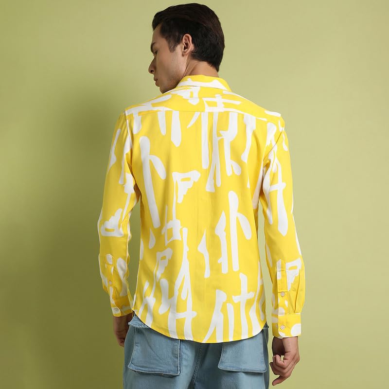 Image of CAHOOT Men's Lemon Yellow Abstract Print Shirt for Everyday Wear | Spread Collar | Button Closure | Long Sleeve | Heavy Rayon Shirt Crafted with Comfort Fit for Everyday Wear