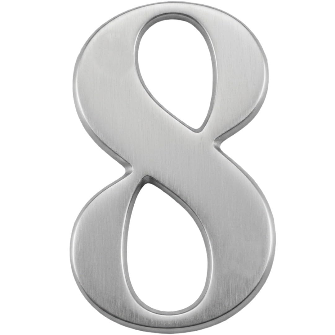 Door Number in Satin Silver Stainless Steel Finish- Self Adhesive 3" Nanocoast House Number, Times Roman Font, 8