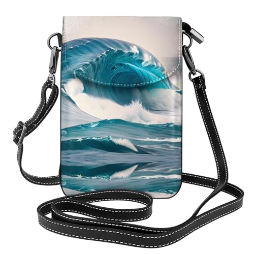 Cartera pequeña cruzada para teléfono con diseño de olas de mar azul de dibujos animados con tapa abatible, perfecta para ir de compras, viajes y uso diario.