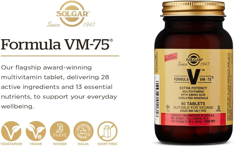 Miniatura 3 de Solgar Formula VM-75 60 comprimidos multivitamínico con minerales quelatados vitamina A B6 B12 C D E biotina magnesio calcio hierro zinc vegano sin