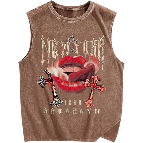 Bobeutou Mens Gothic Tank Top Graphic Print Beach Sleeveless Cut Off Muscle Shirts Vintage Hip hop Vest Acid Wash Tshirts