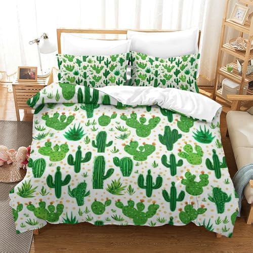 GXYUAOIEF Funda nórdica con estampado de cactus, 3 piezas, estampado 3D, diseño verde botánico, microfibra, con 2 fundas de almohada, cremallera, para decoración de cama Super King (260 x 220 cm)