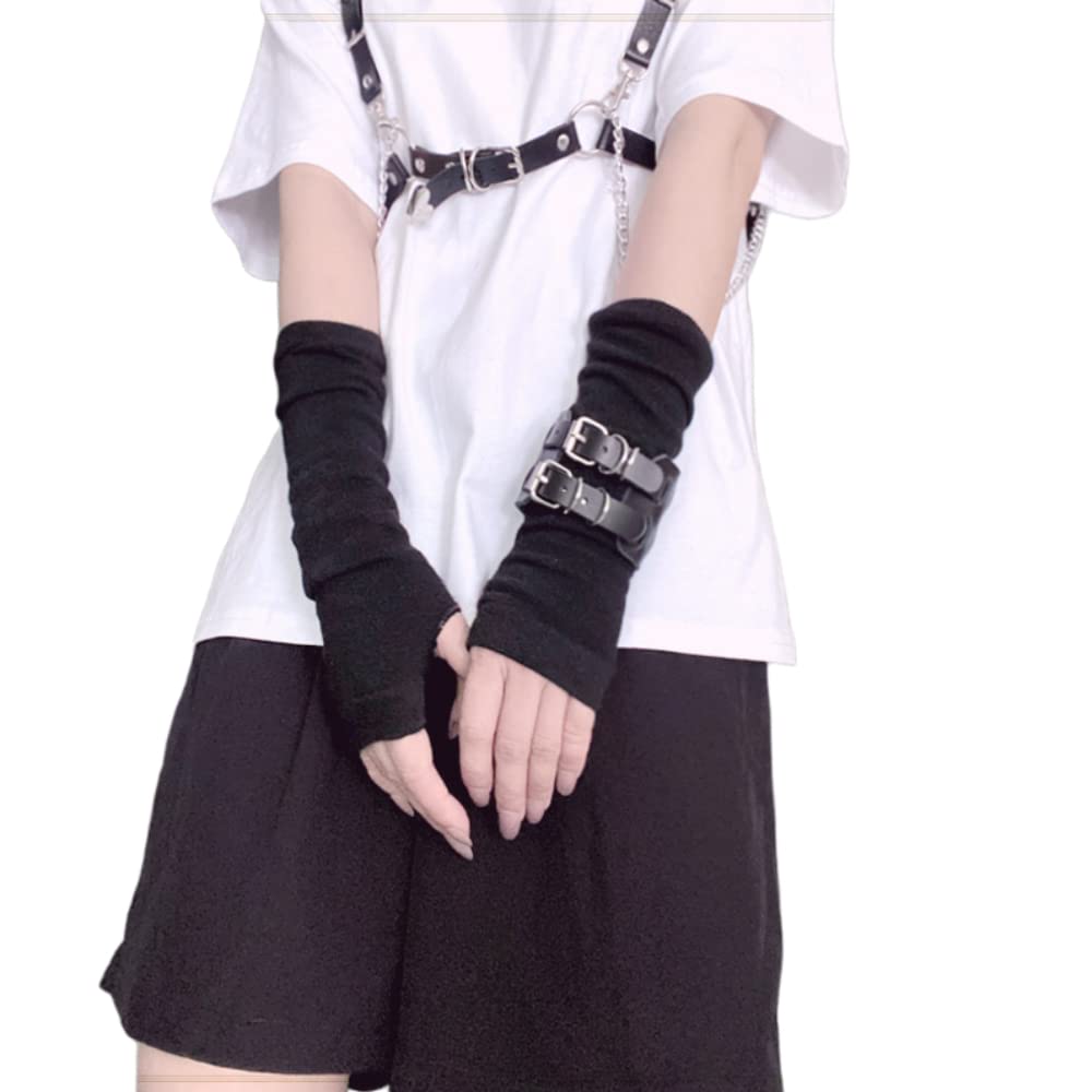 Arm Warmers Goth Kawaii Emo Steampunk Half Finger Y2K Gloves Hip Hop Arm Sleeve Harajuku Accessories for Women Egirl (Black)